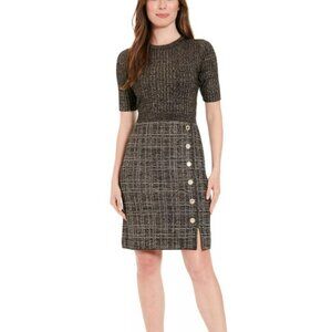 LONDON TIMES Petite Metallic Rib-Knit Tweed Sheath Dress - PM (NWT)